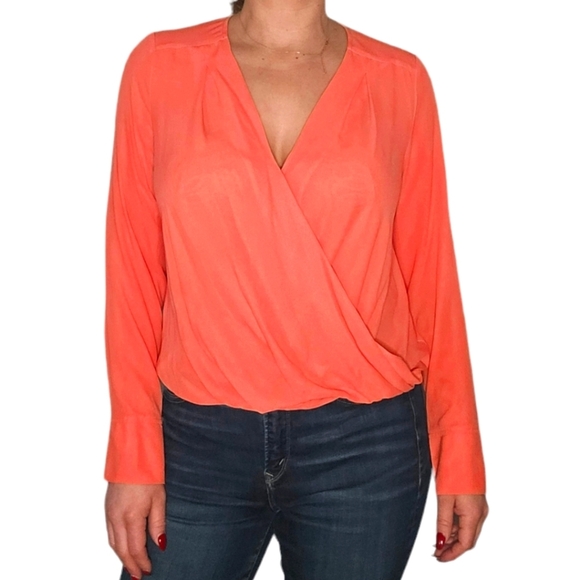 Halogen Orange Faux Wrap Loose Fit Long Sleeve Blouse Size Medium - Picture 1 of 4